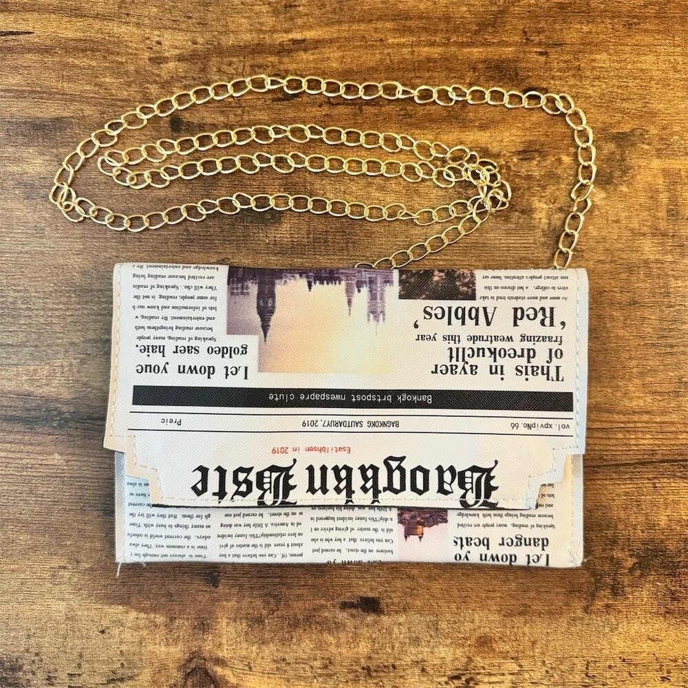 Pocket Boy Clutch Purse Womens Small Multicolor Newspaper Print Chain